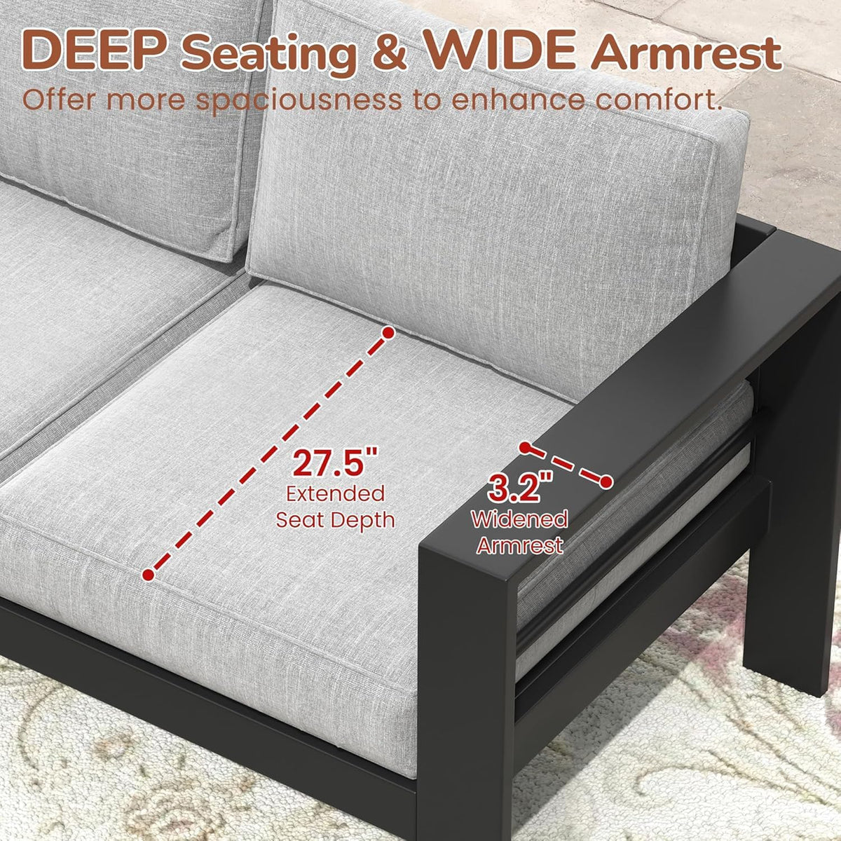 8 Pieces Patio Conversation Sets, Aluminum Outdoor Couch with Coffee Table, All-Weather Metal Patio Sofa with 5" Thick and Soft Cushion and Wide Arm, Outdoor Sofa Sets for Balcony, Porch, Light Gray