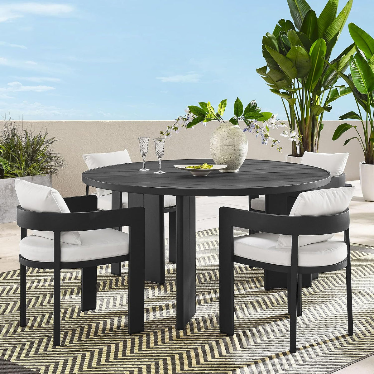 Tahoe Outdoor Patio Powder-Coated Aluminum 5-Piece Dining Set in Gray White - round Patio Furniture Set for 4 - outside Table with Umbrella Hole and Cushioned Chairs - Modern Patio Set