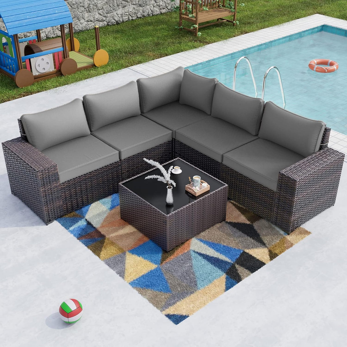 6PCS Outdoor Patio Furniture Set PE Wicker Rattan Sectional Sofa