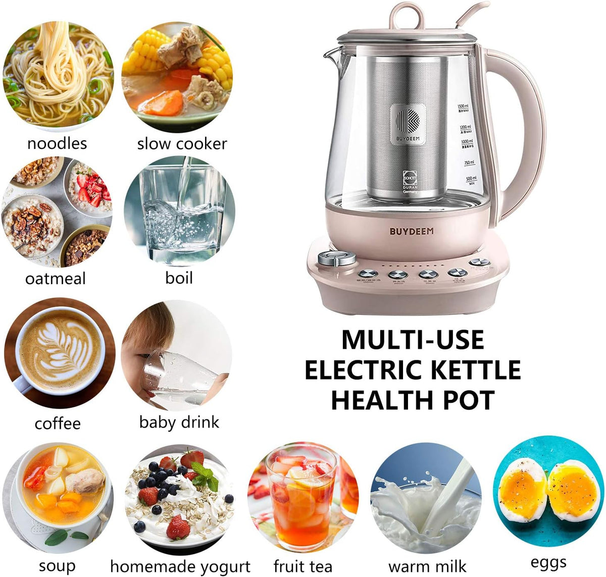 K2693 Health Pot, Health-Care Beverage Electric Kettle with Thickened Glass, 9-In-1 Fully Automatic Programmable Brew Cooker, 1.5 L, Pink