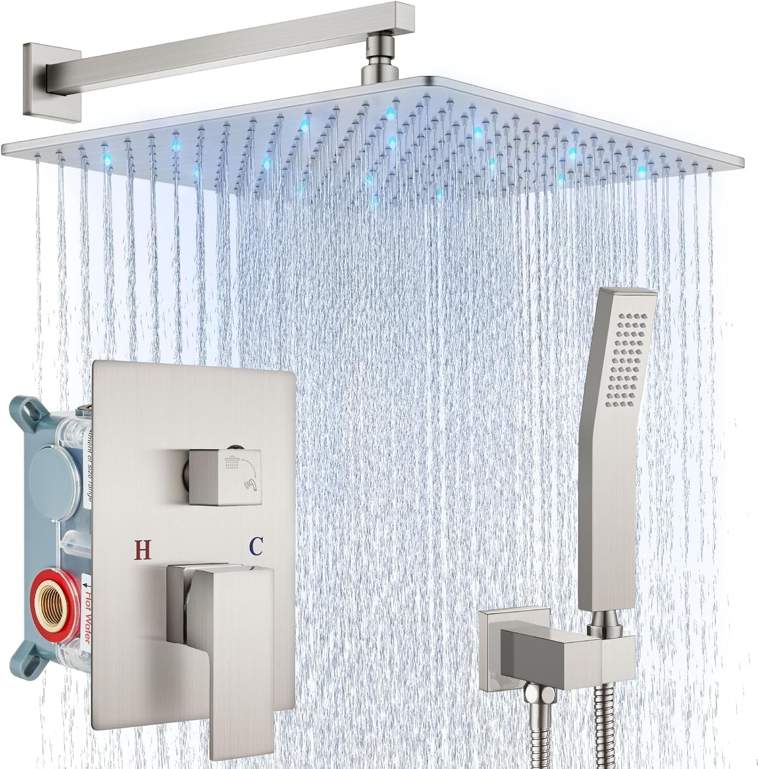 Shower Faucet Set with Valve Handheld 16" LED Head Brushed Nickel