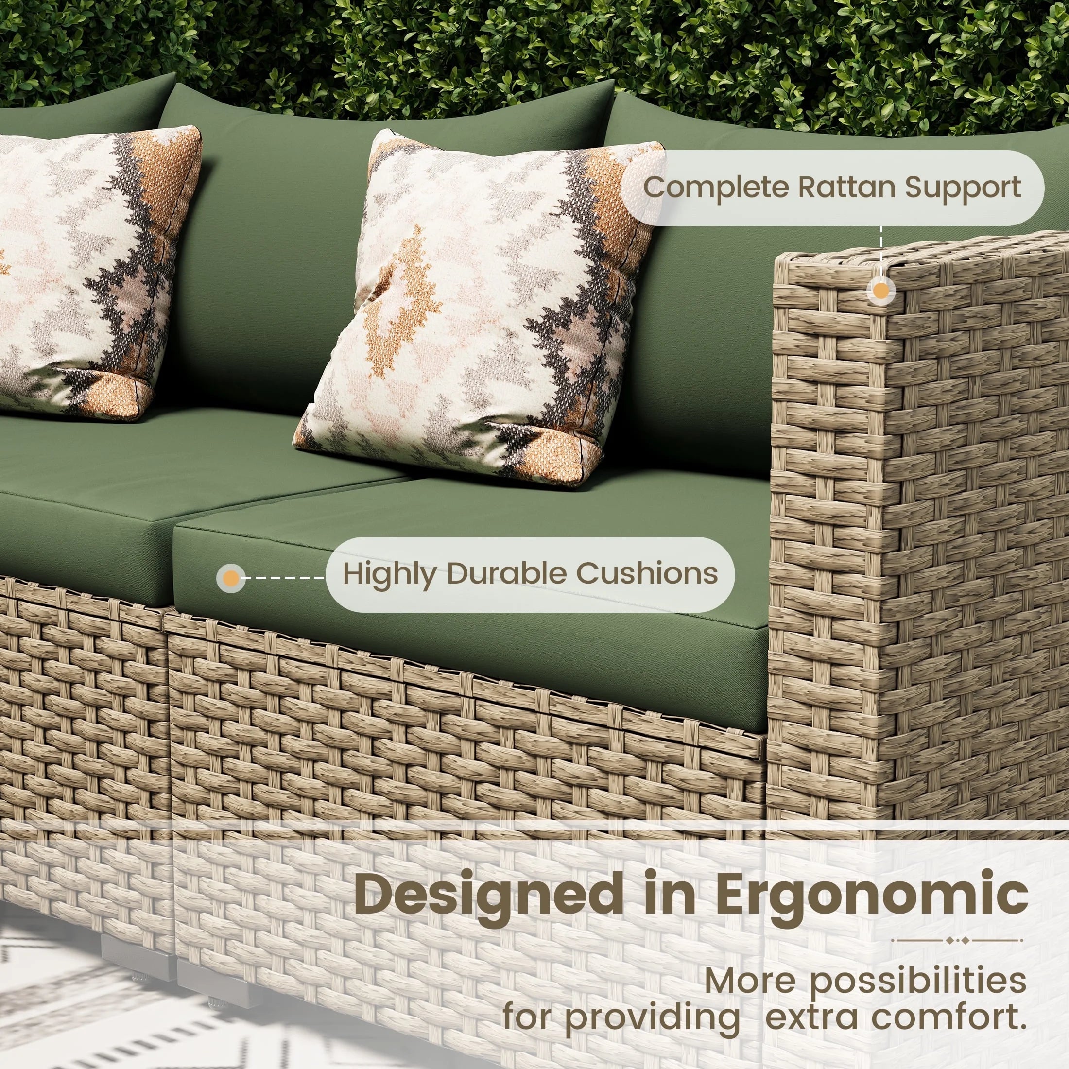 7 Pieces Outdoor Patio Furniture Set, Grey Rattan Wicker Outdoor Conversation Sectional Sofa Set with Cushions for Backyard, Green