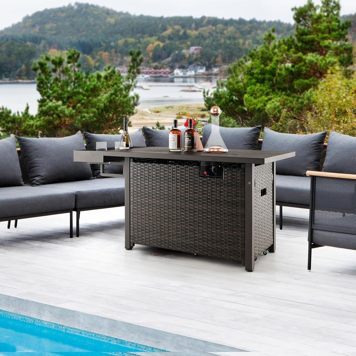 Patio Propane Fire Pit Table, 52 Inch Wicker Gas Fire Pit with Wind Guard & Extended Shelf, 50,000 BTU Heat Output, Rectangular Fire Table with Blue Fire Stone & Waterproof Cover (Brown)
