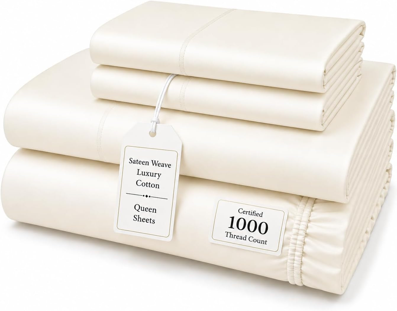 Queen Size Bed Sheets, 1000 Thread Count Sheets Queen Size Bed Set - Ivory