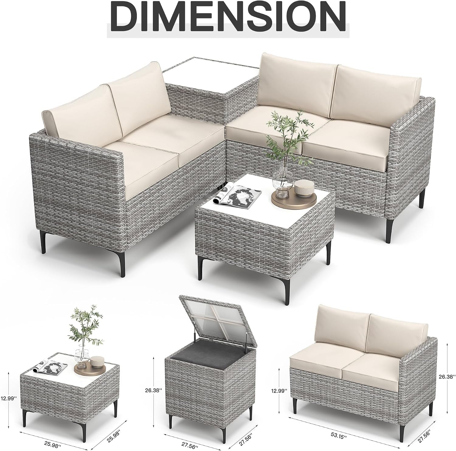 Outdoor Wicker Patio Conversation Set with Storage, PE Rattan Sofa