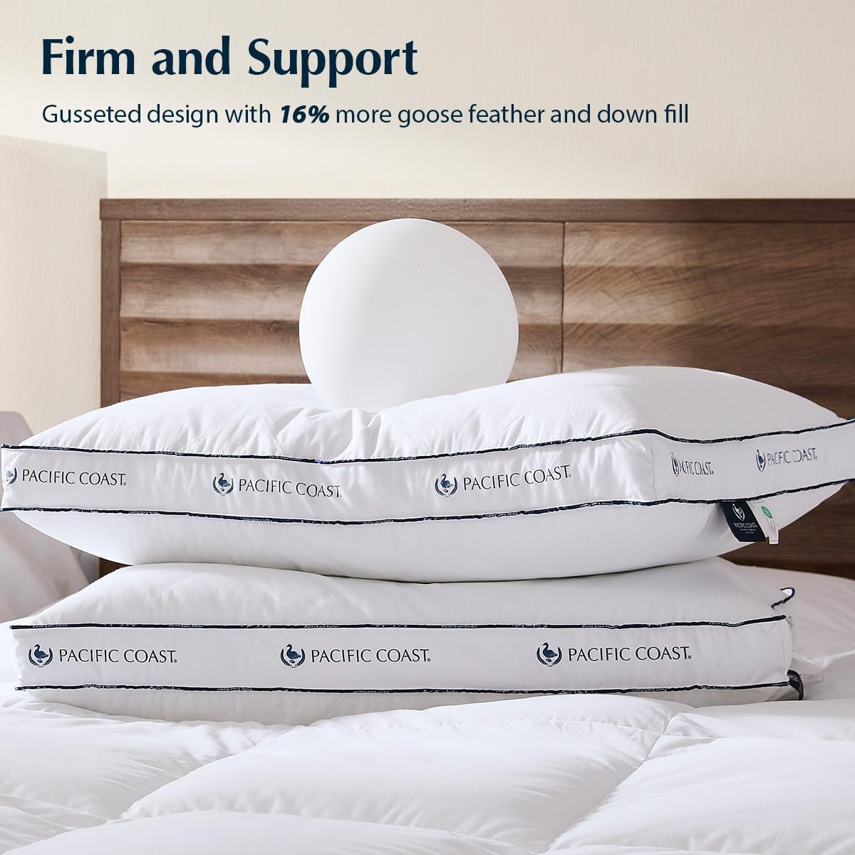 Goose Feather and down Firm Pillows Queen Size Set of 2, Bed Pillows for Side and Back Sleepers, Supportive Gusseted Hotel Collection Pillow with 100% Cotton Shell