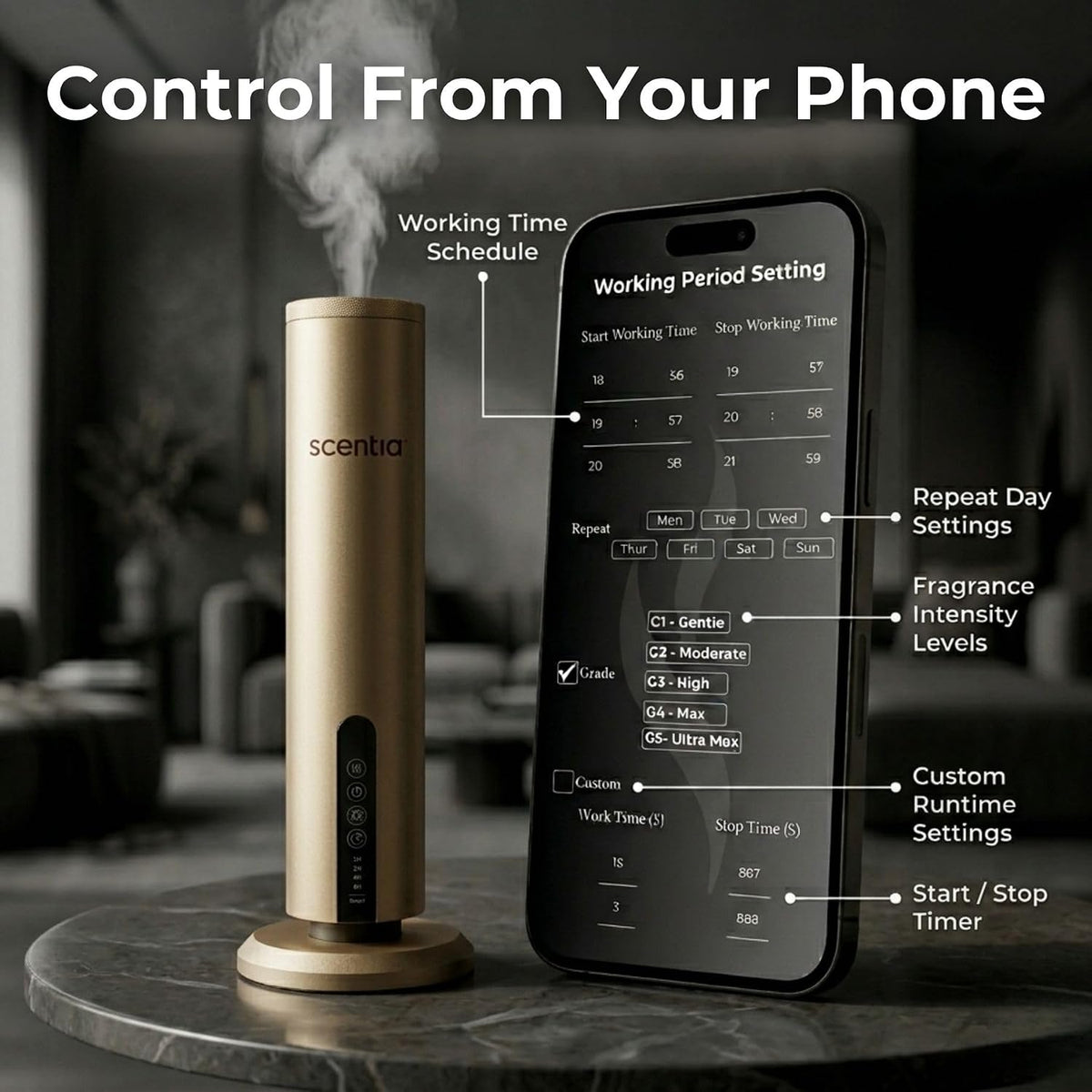 Wireless Waterless Cold-Air Scent Diffuser, App Control, 1500 Sq. Ft Gold