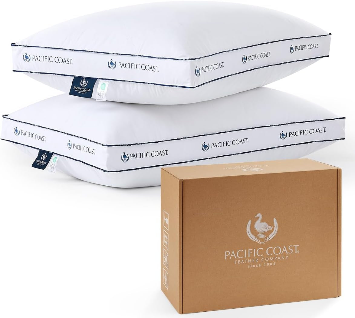Goose Feather and down Firm Pillows Queen Size Set of 2, Bed Pillows for Side and Back Sleepers, Supportive Gusseted Hotel Collection Pillow with 100% Cotton Shell