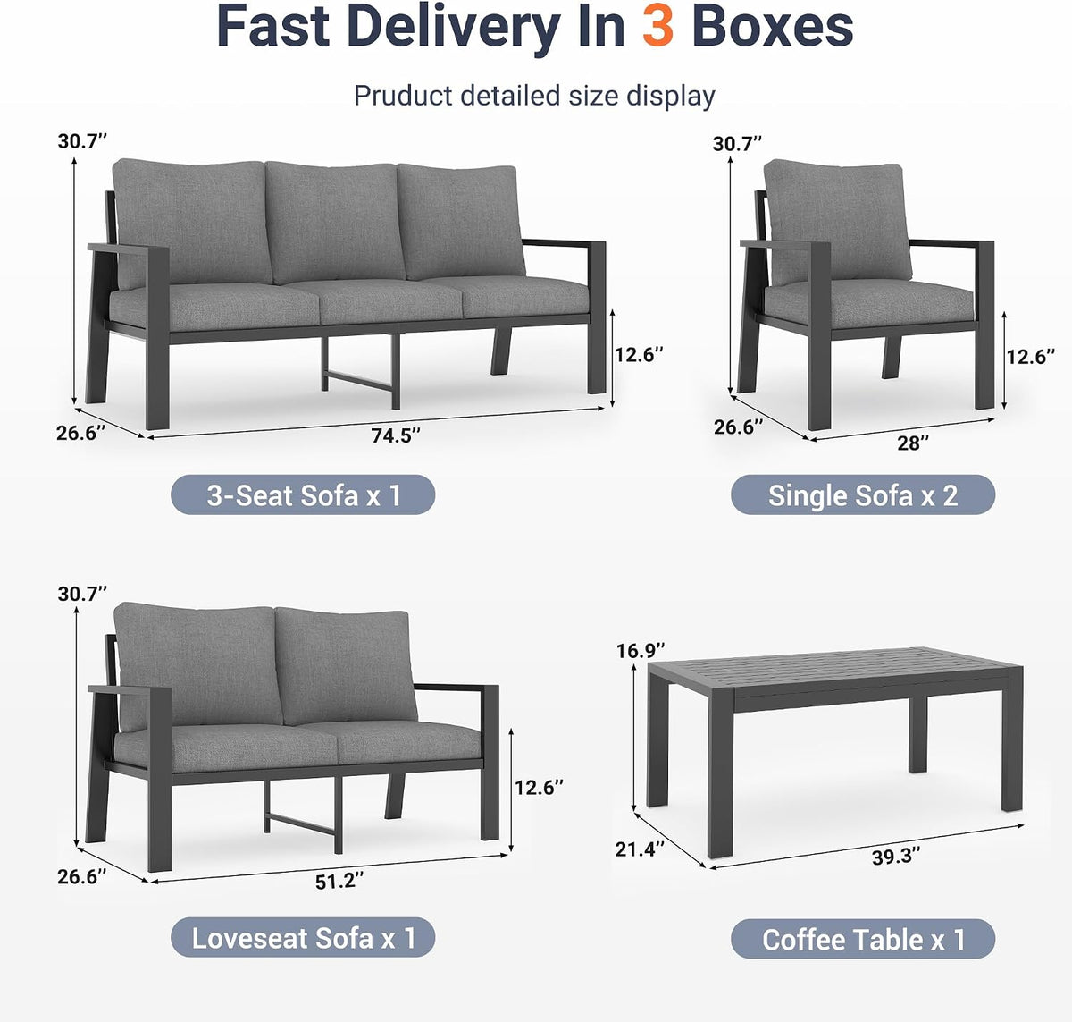 Aluminum Outdoor Patio Furniture Set 5 Pieces Metal Conversation Sets 7 Seat Sectional Sofa Modern Seating Set with Coffee Table for Outdoor Garden Backyard, Dark Grey