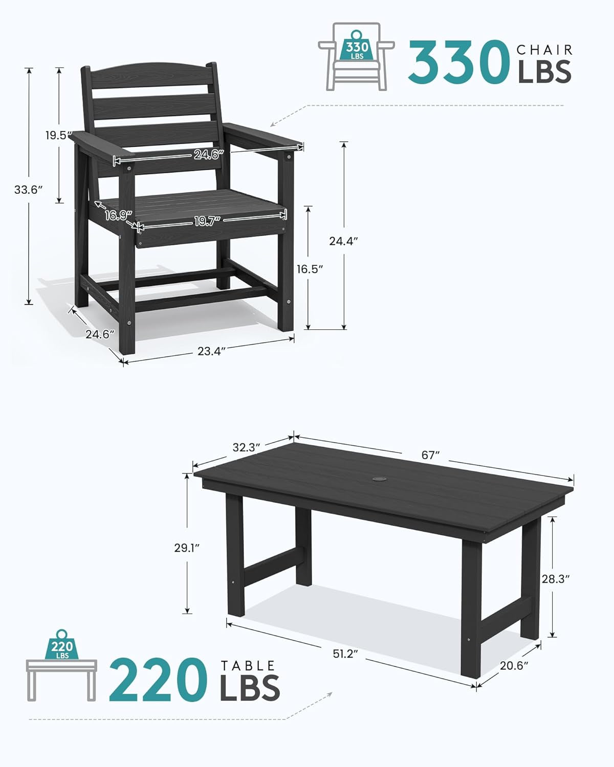 7 Pcs Outdoor Dining Set, 67" HDPE Dining Set for 6, Black