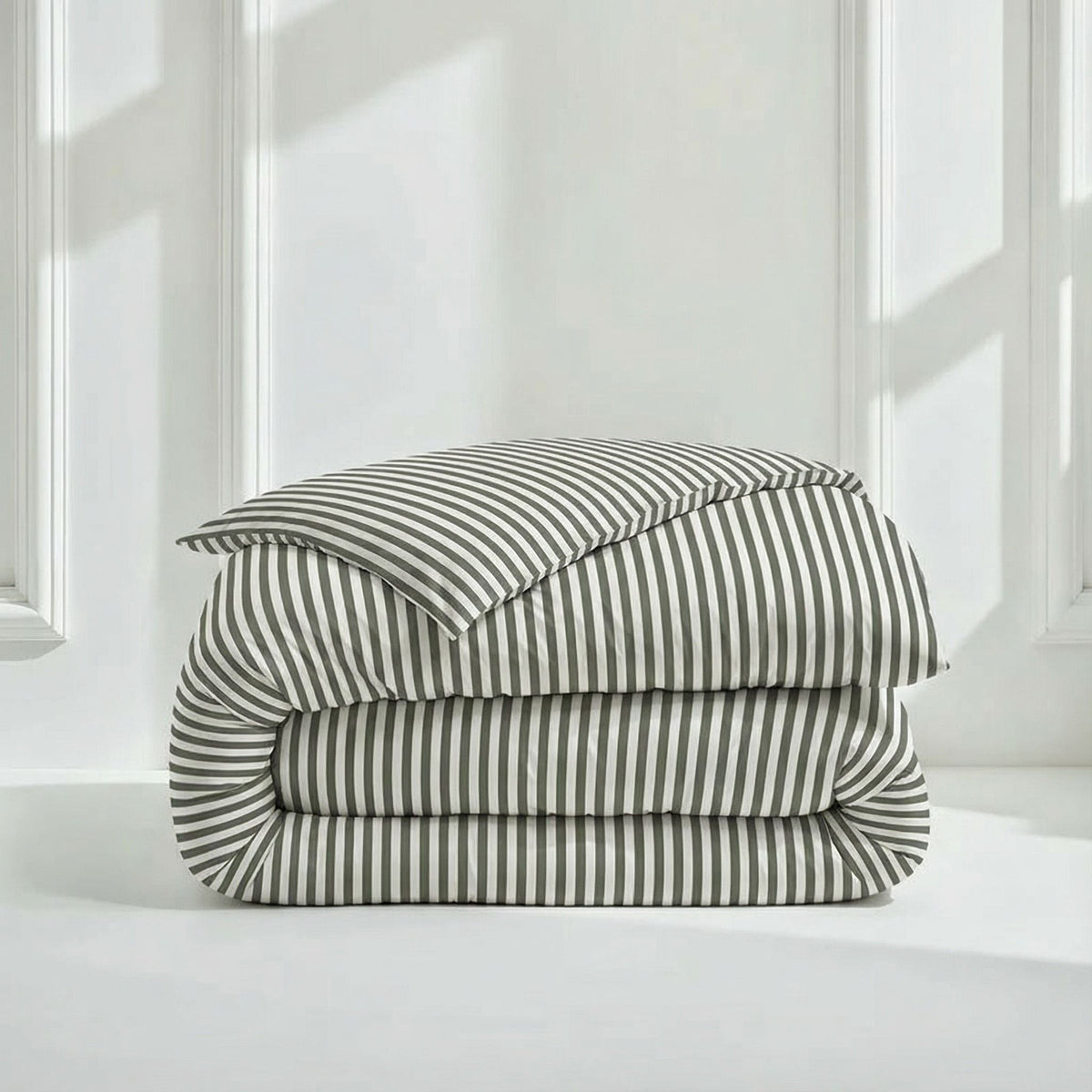 Grey and white vertical striped sateen duvet cover folded on white surface