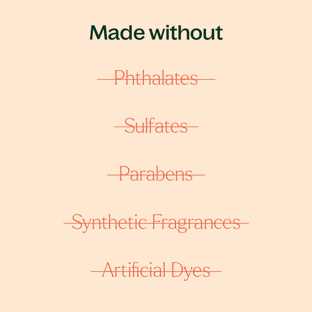 Peach graphic listing crossed-out ingredients like parabens and sulfates in green text