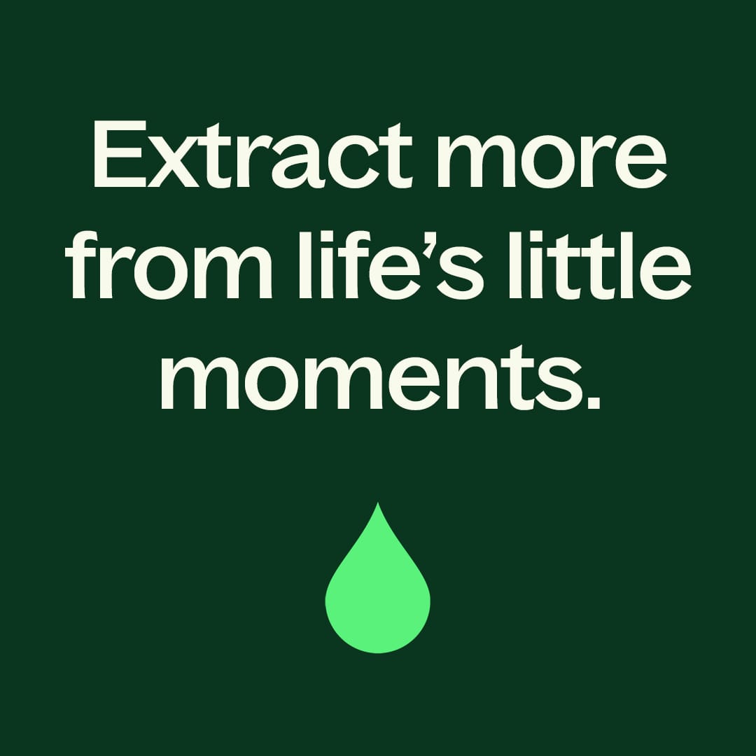 Dark green graphic with white slogan and light green droplet icon