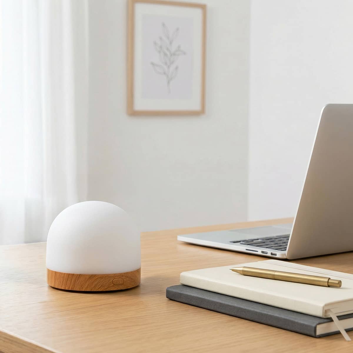 Compact white and wood-base fan diffuser on wooden desk next to laptop and gold pen in home office