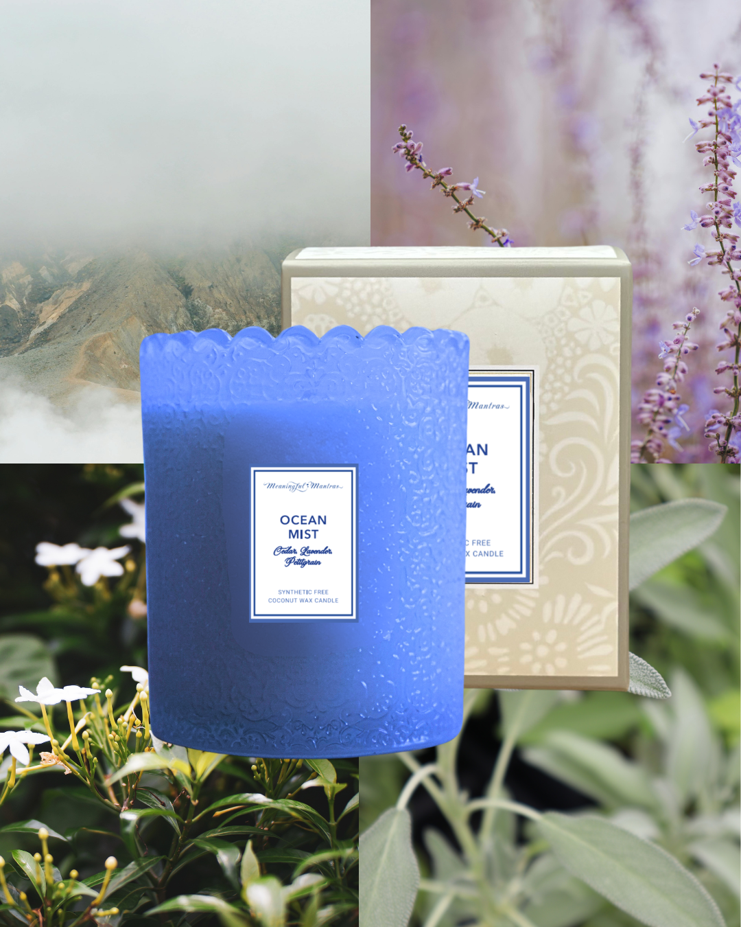 Blue candle and packaging overlaid on collage of lavender, jasmine, mountains, and foliage