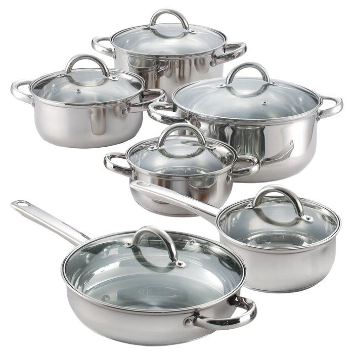12-piece stainless steel cookware set with glass lids and cool-touch handles on white background