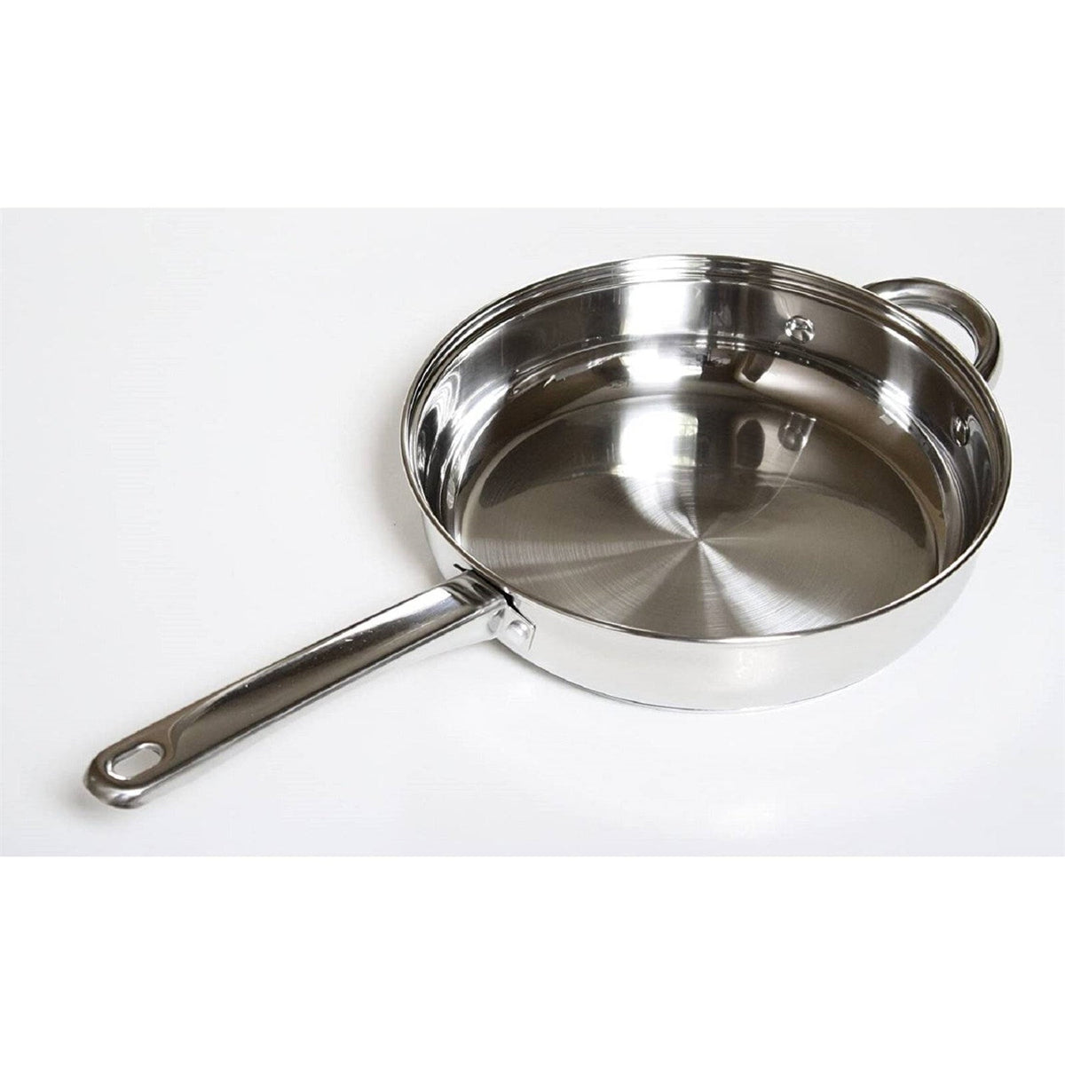 Close-up of brushed stainless steel skillet interior with riveted handle and hanging loop