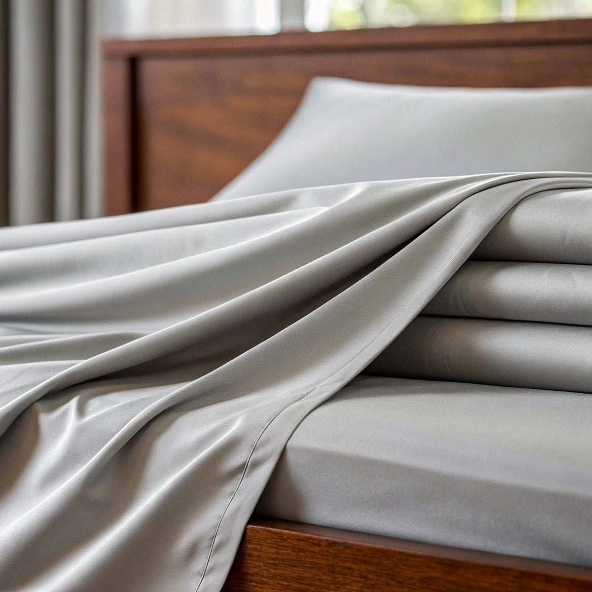 Close-up detail of light grey bamboo fabric folded over mattress corner highlighting smooth silky texture and fluid drape