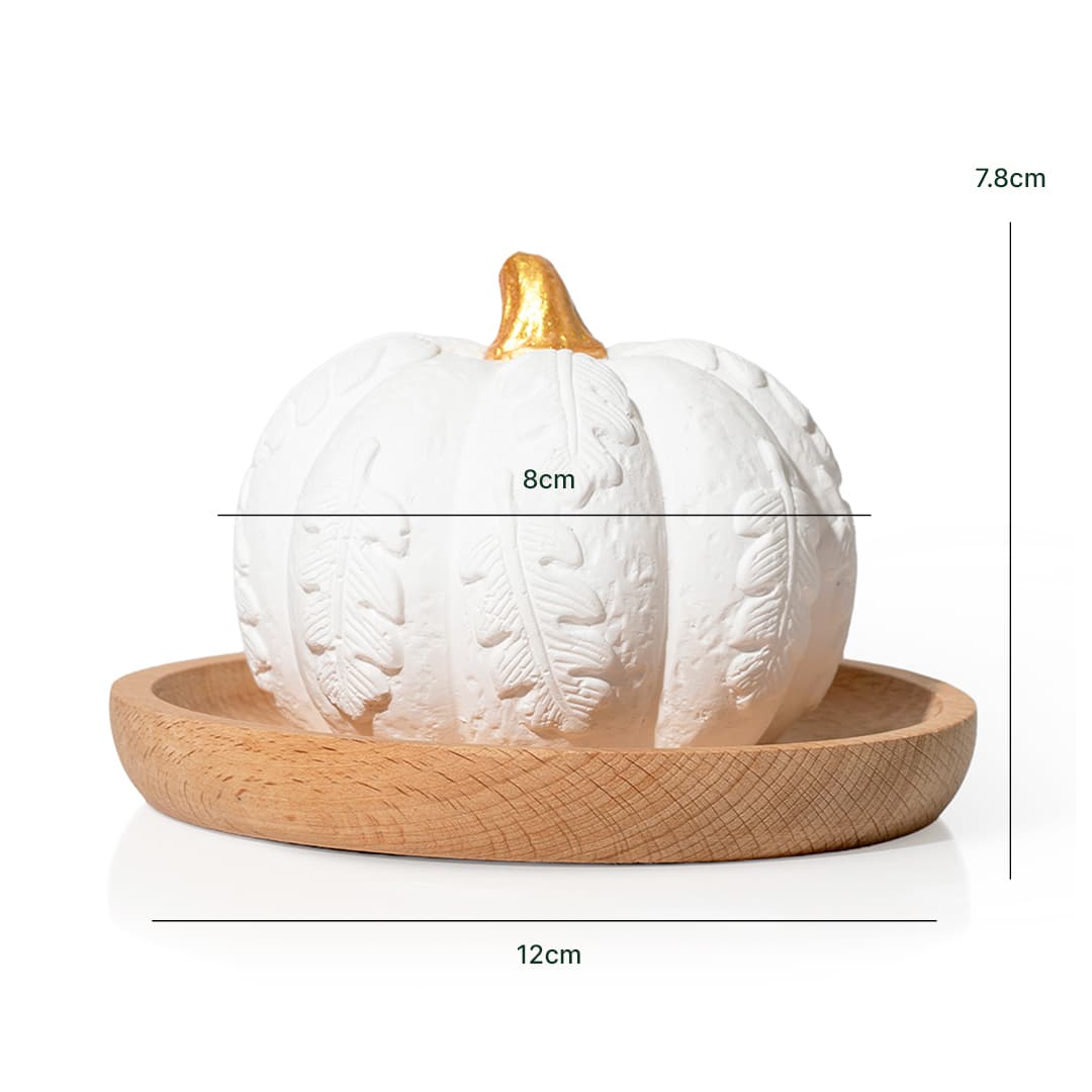 Technical view of white pumpkin diffuser on wooden base showing measurement lines for width, diameter, and height