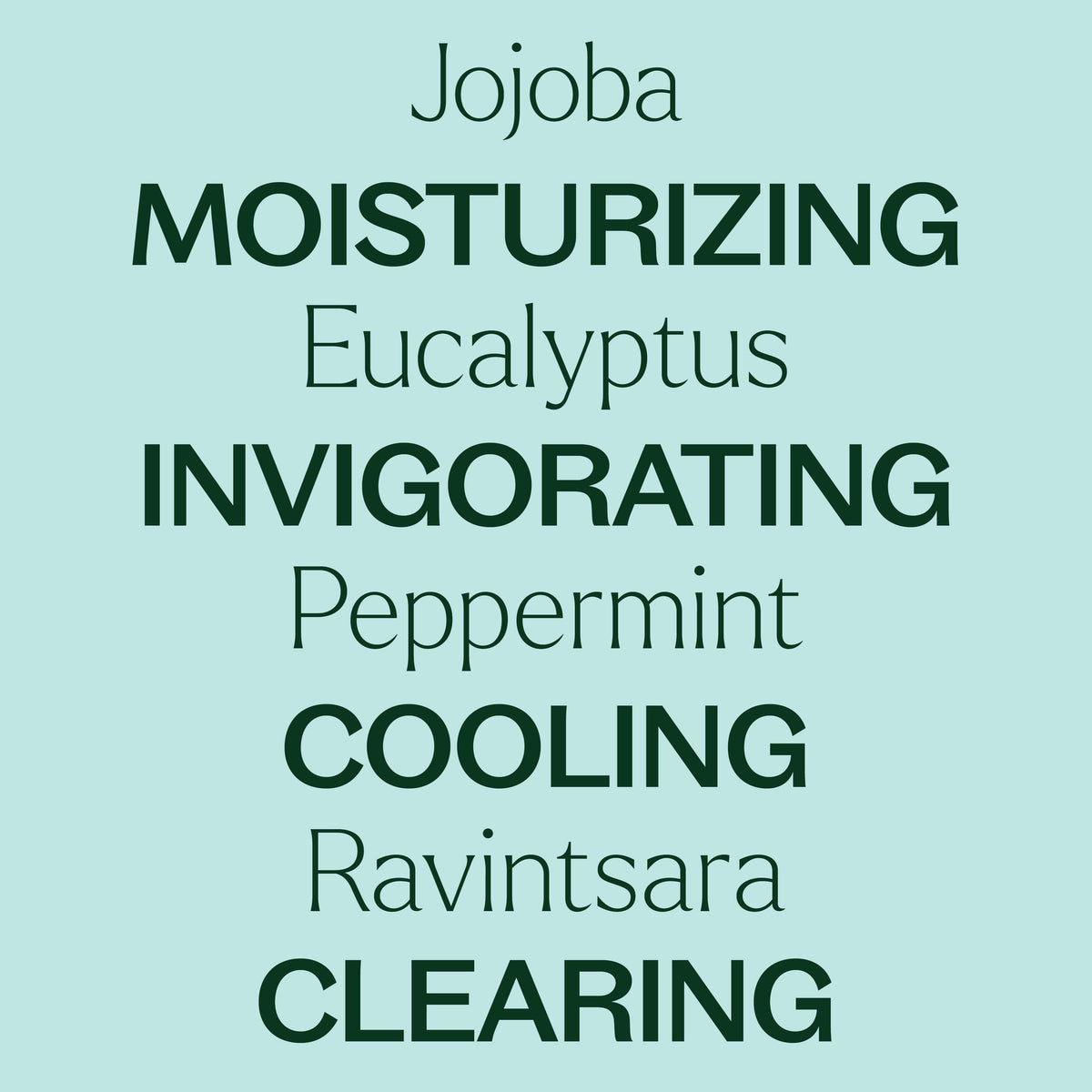 Teal graphic listing eucalyptus peppermint jojoba and ravintsara ingredients in green font