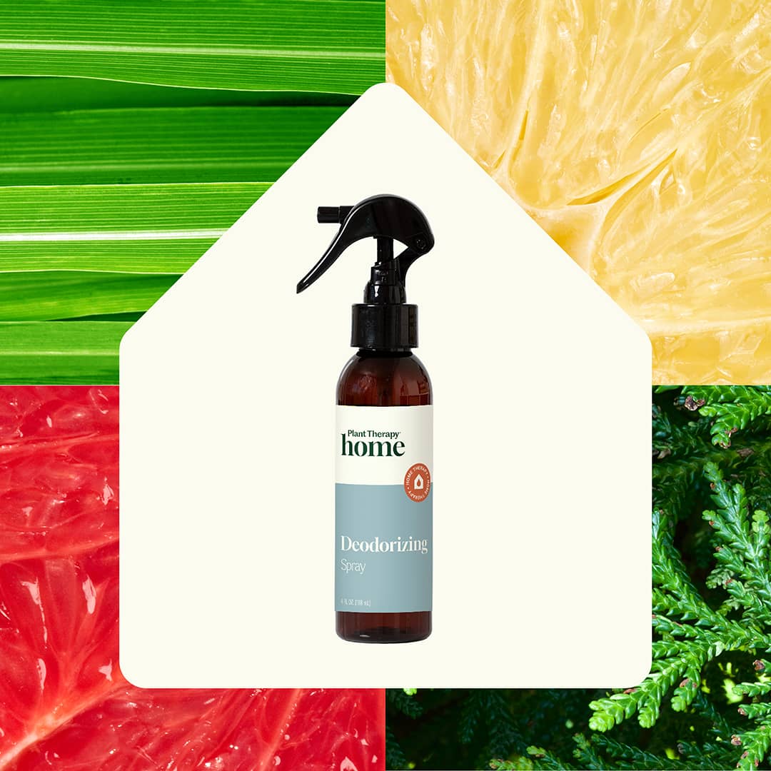 Amber bottle centered in house silhouette against collage of citrus and leaves