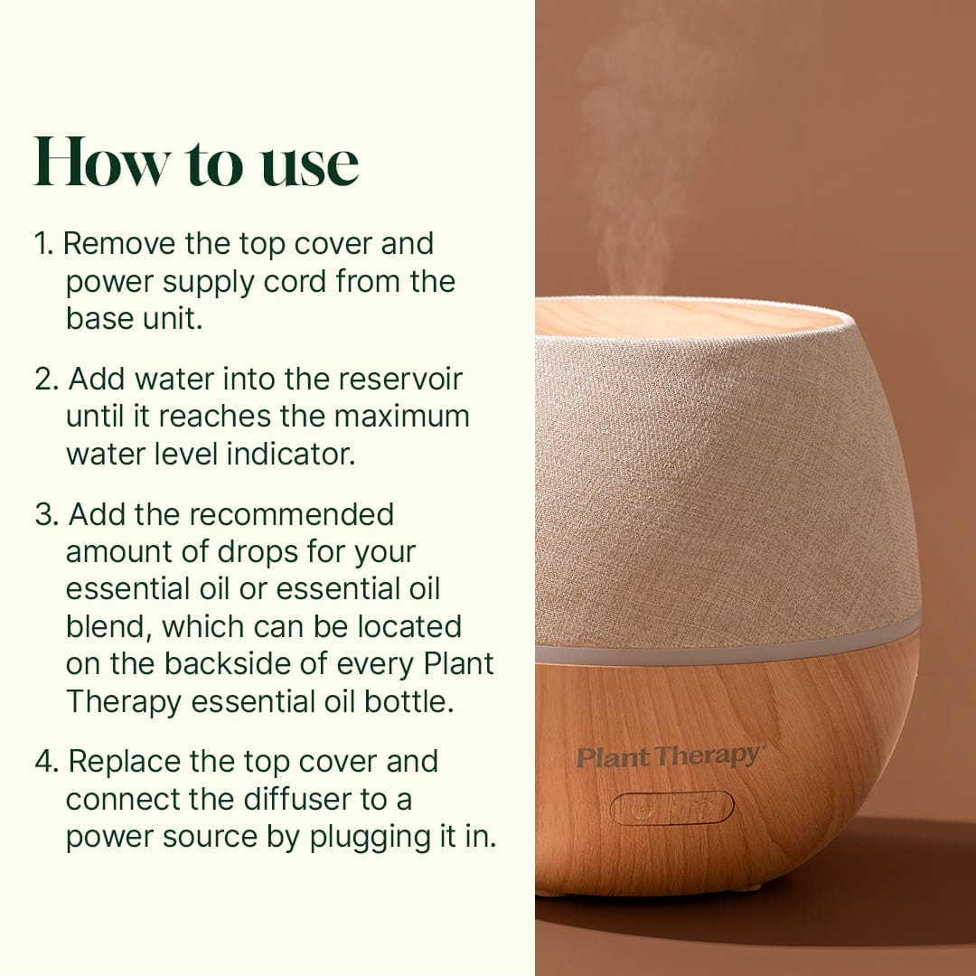 Instructional graphic showing mist emission from linen and wood grain diffuser