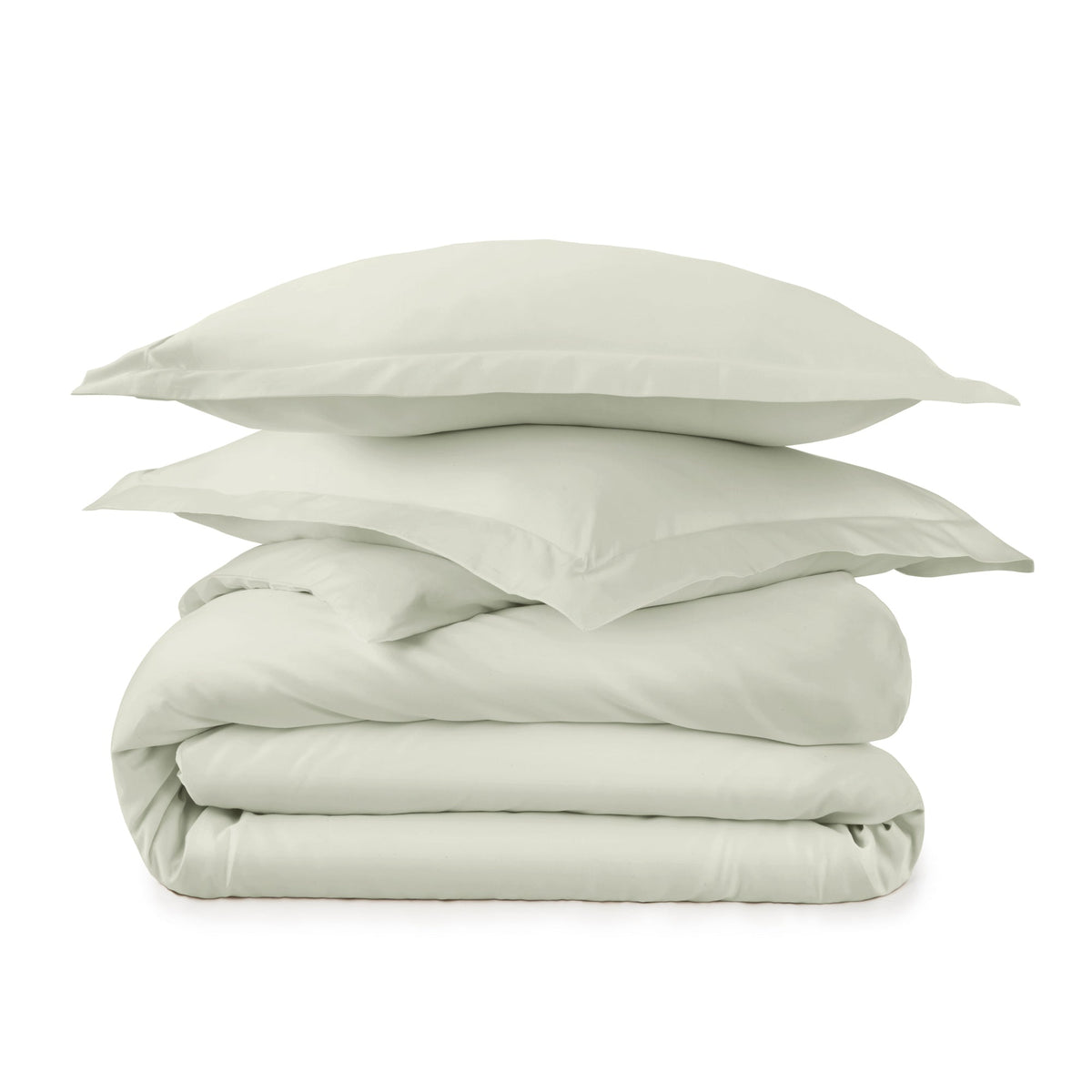 Sage green folded duvet cover with two shams highlighting soft 300 TC sateen weave and border detail