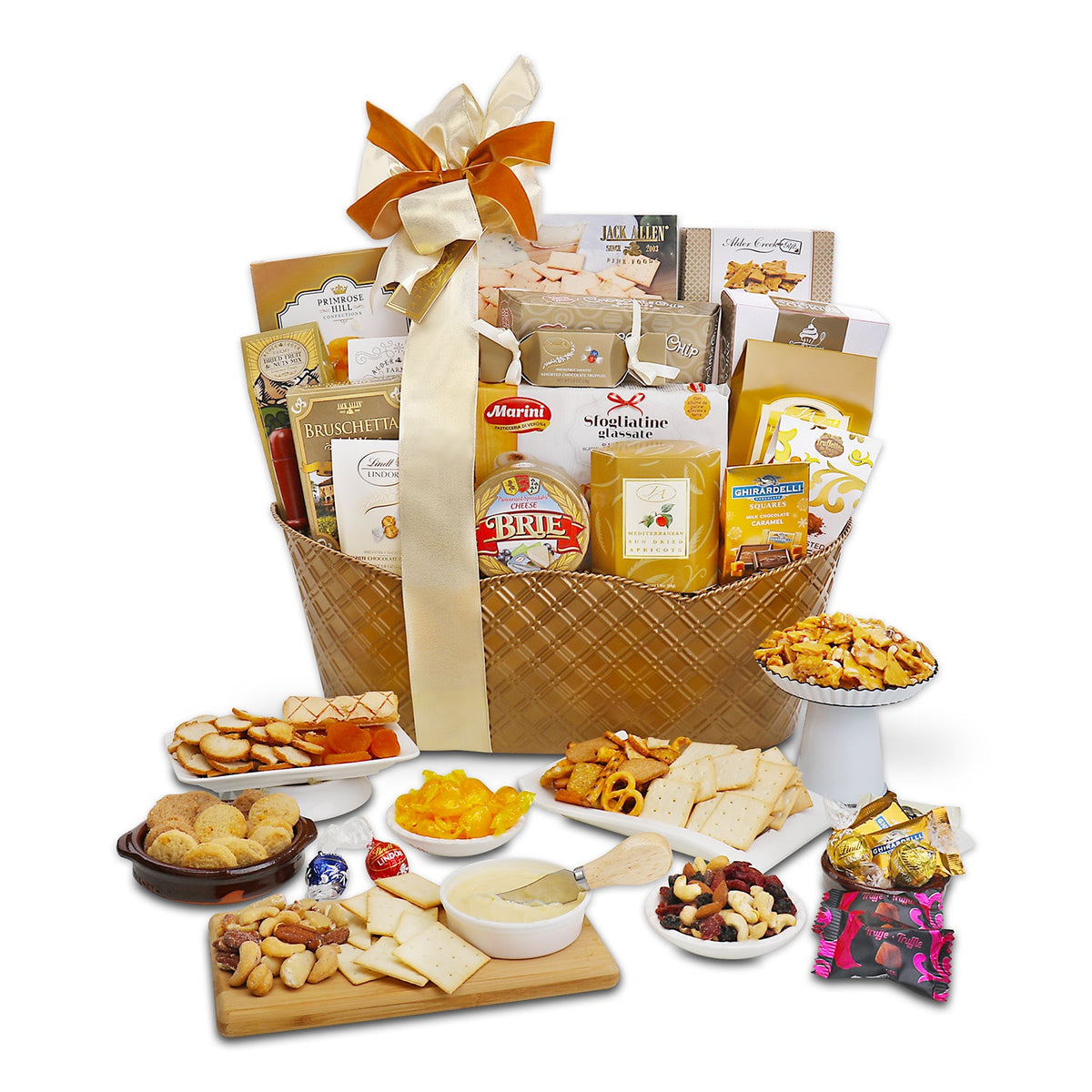 Sweet and savory snack box contents displayed on white background with assorted treats