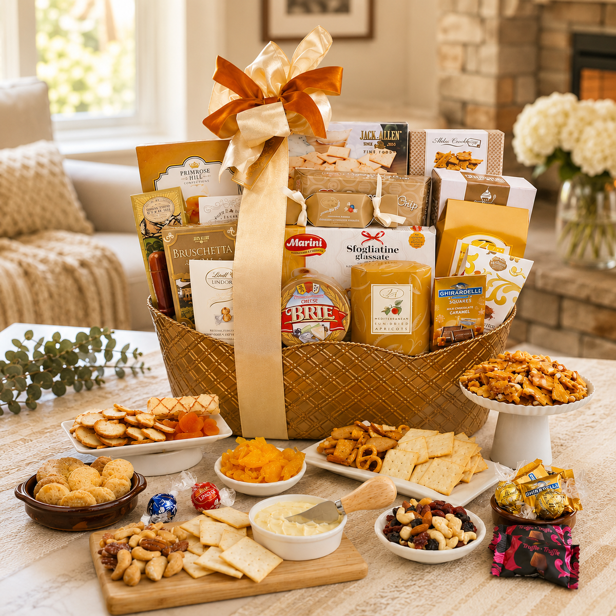 Woven tan gift basket with gold bow surrounded by crackers, nuts, and cheese on wooden boards