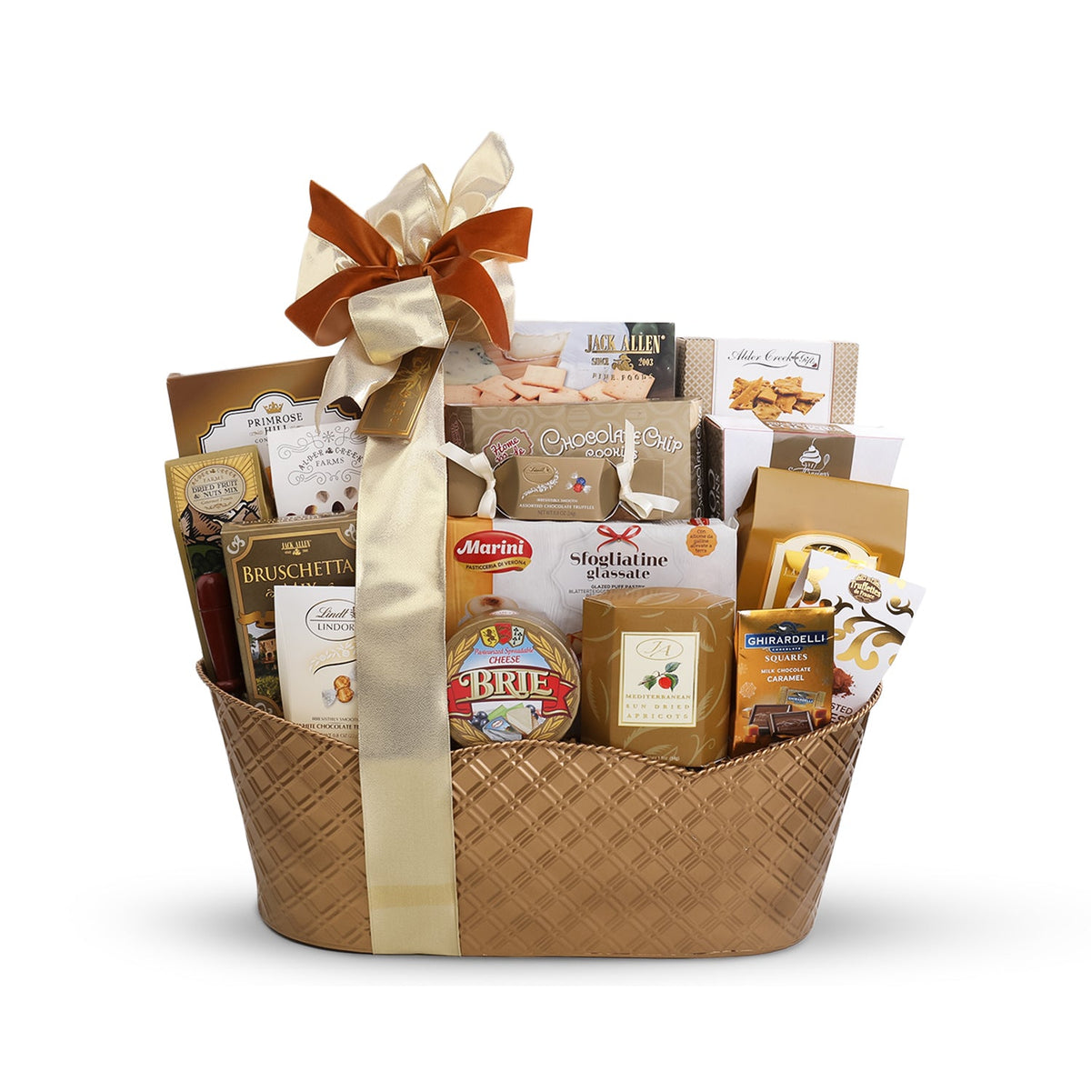 Premium chocolate assortment in woven container with bronze satin bow against white backdrop