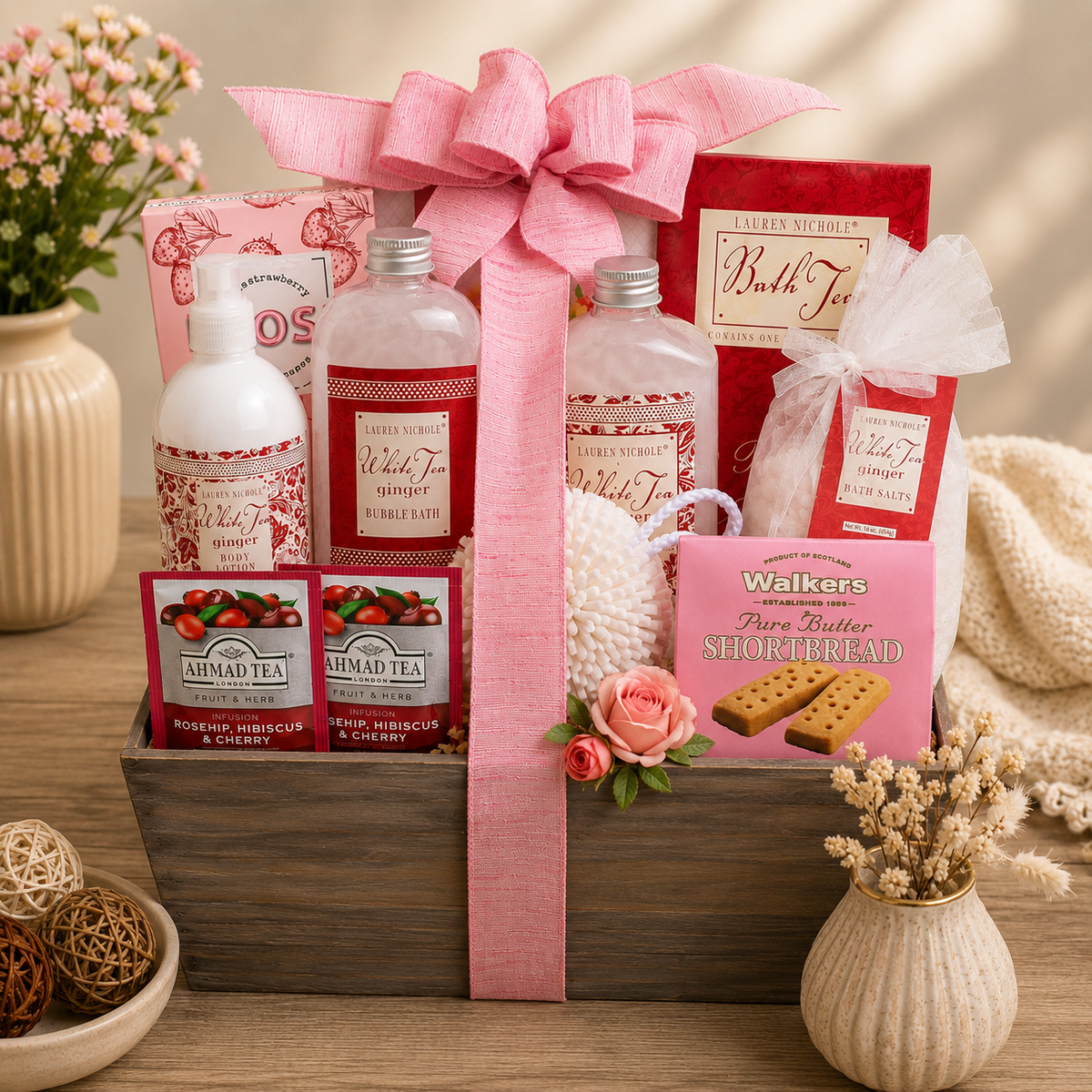 Rustic wooden crate filled with spa products and snacks, tied with a large pink ribbon bow on a table with flowers