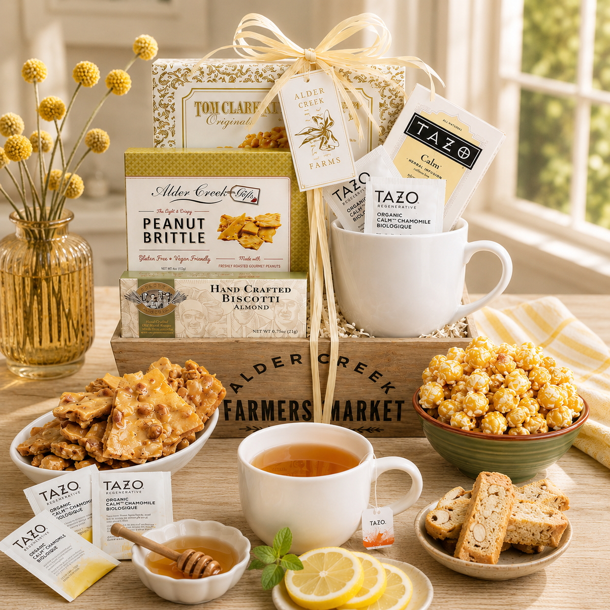 Rustic wooden crate filled with snack boxes and a white mug of tea on a table with honey, lemon, mint, and yellow flowers