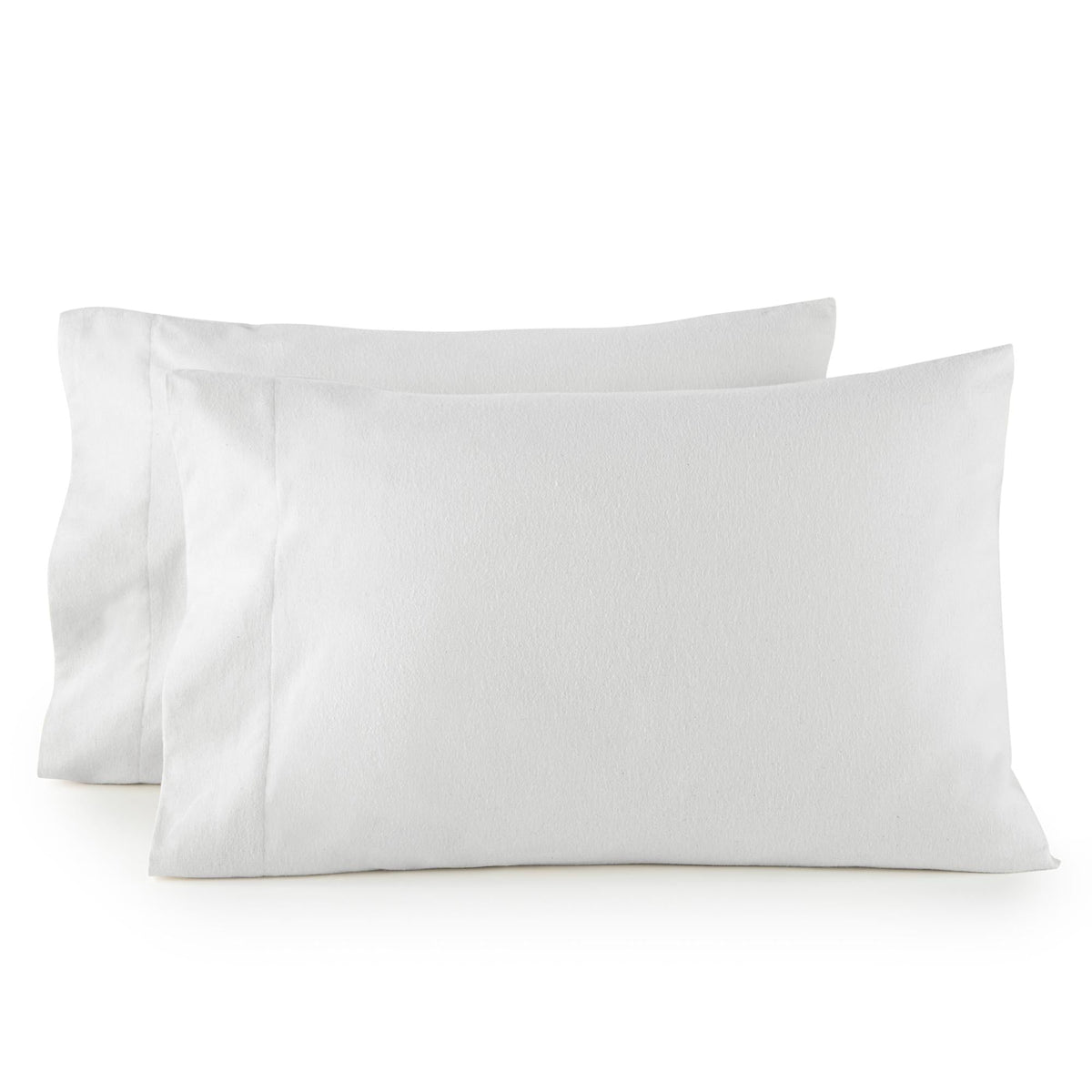 White organic cotton flannel pillowcases with envelope closure on white background