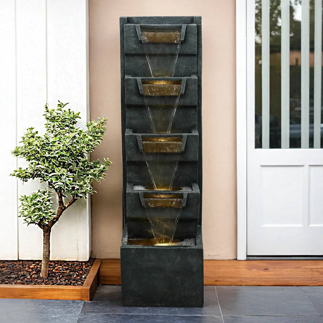 Resin Geometric Tall Outdoor Wall Fountain 79 Inch LED