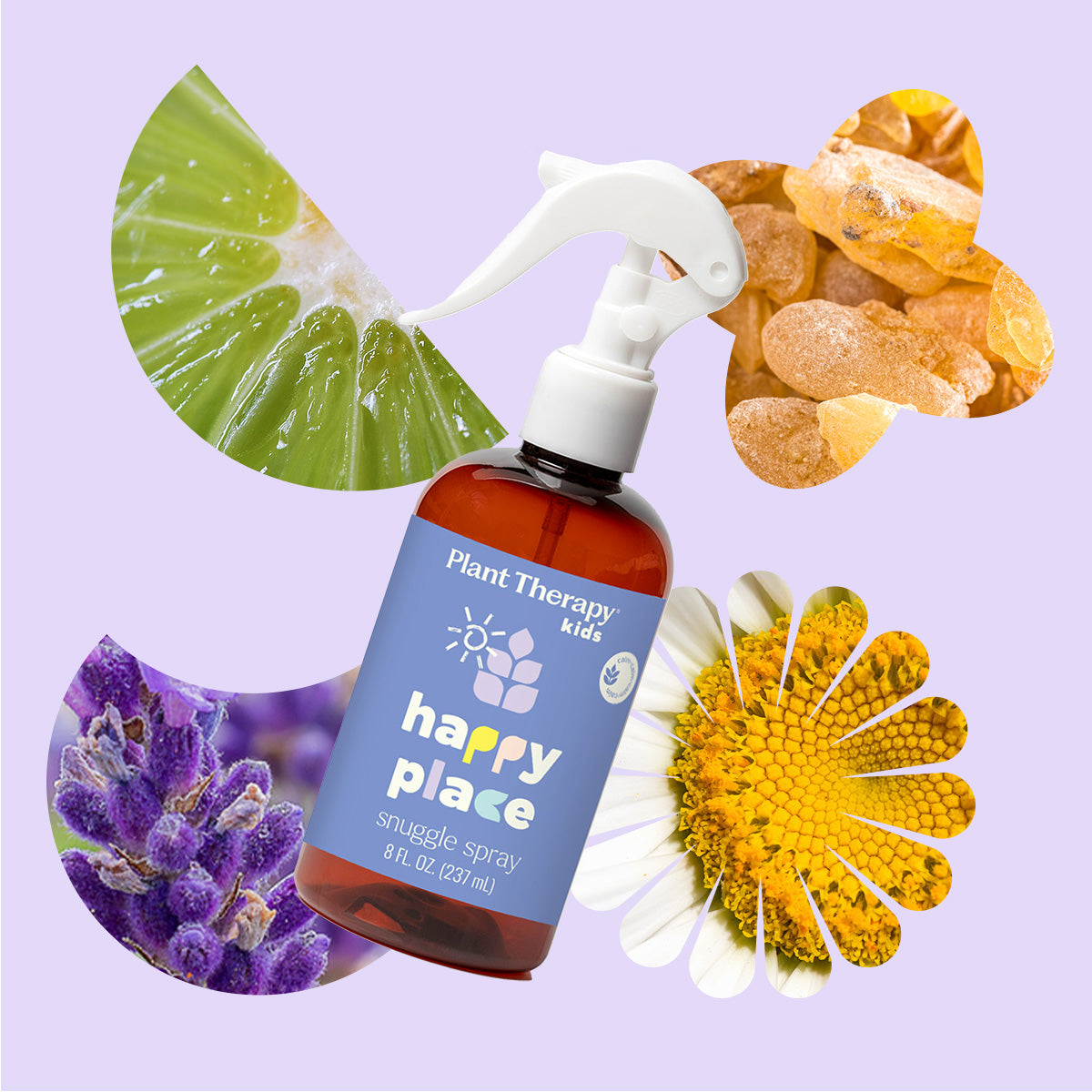 Spray bottle surrounded by circular images of lavender, chamomile, bergamot, and frankincense ingredients