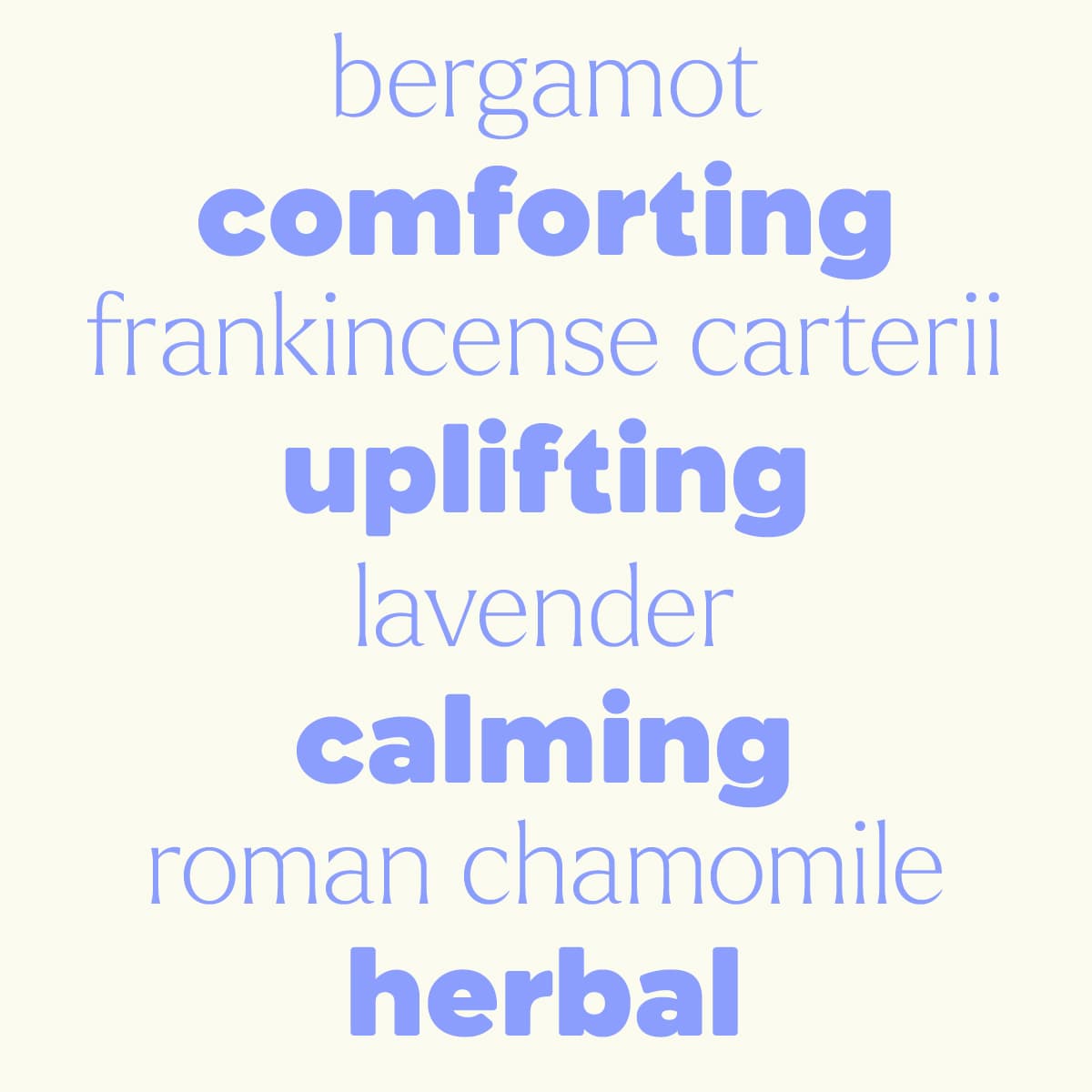 Cream background graphic listing lavender, chamomile, and frankincense scent notes in purple text