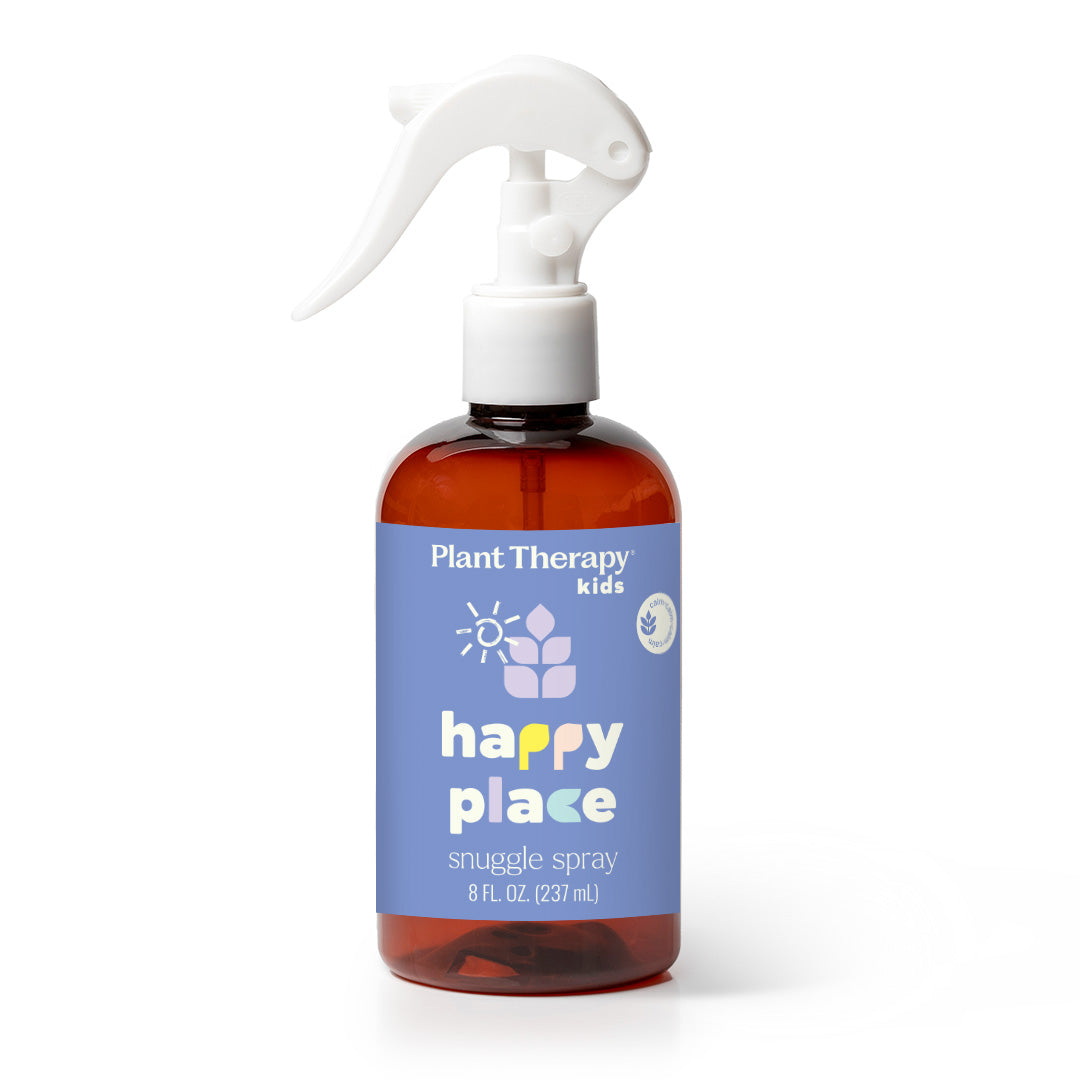 Amber spray bottle with white nozzle and periwinkle label featuring sun icon on white background