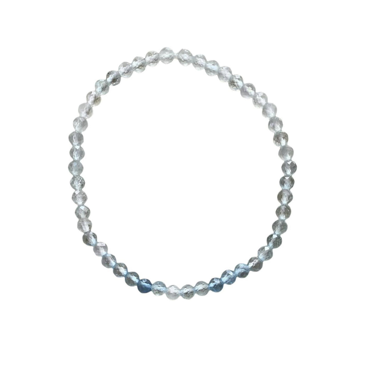Circular stretch bracelet with 4mm faceted aquamarine beads on white background