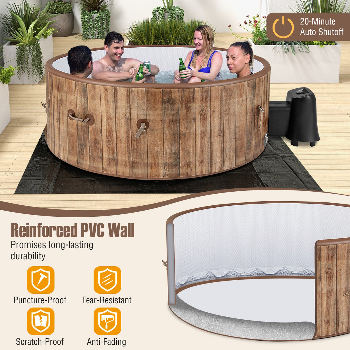 Four people in a coffee-colored inflatable hot tub with wood grain exterior on a deck, showing reinforced PVC wall