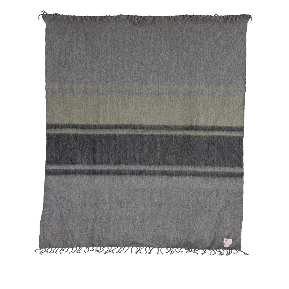 Unfolded handwoven alpaca throw blanket showing storm gray charcoal and olive green bands on white background