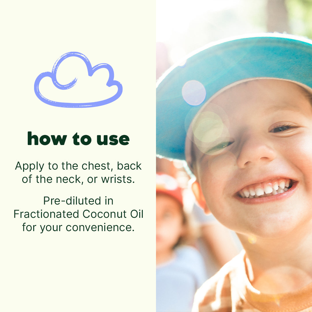 Instructional graphic with blue cloud icon and text alongside a smiling boy in a teal hat wearing bright sunlight