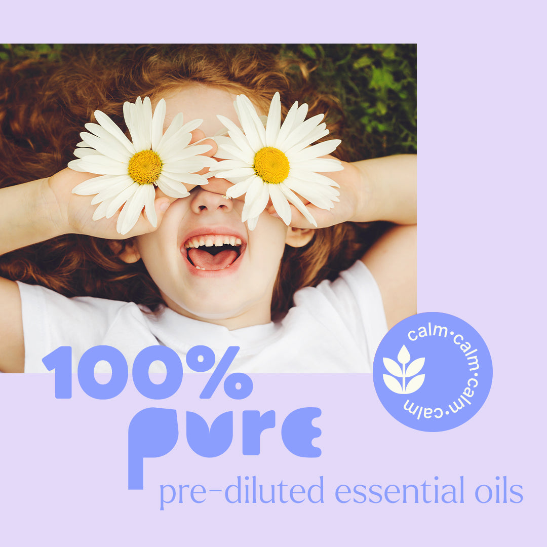 Child with curly hair holding white daisies over eyes in grass against lavender background with bold blue text and leaf seal