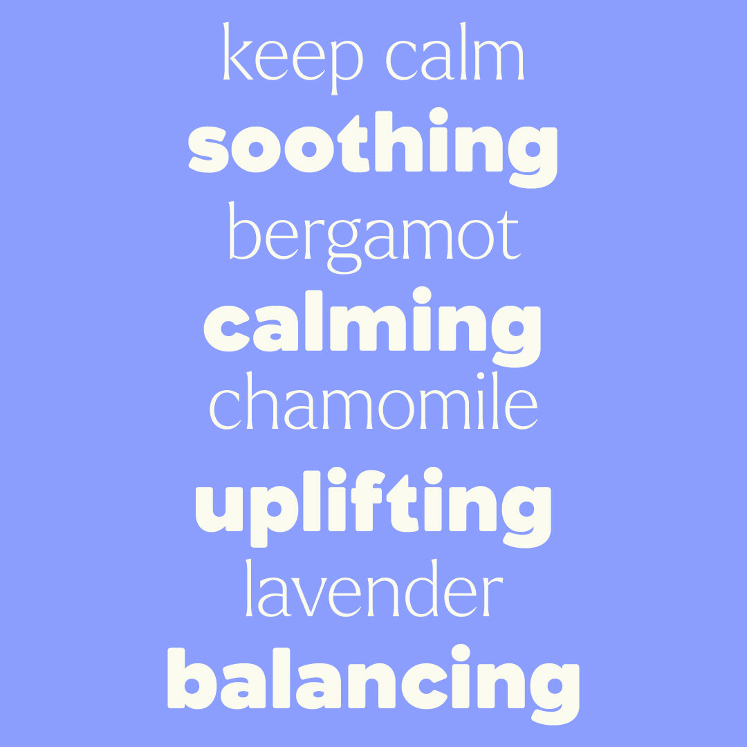 Periwinkle blue background listing ingredients like bergamot and chamomile in alternating thin and bold white fonts