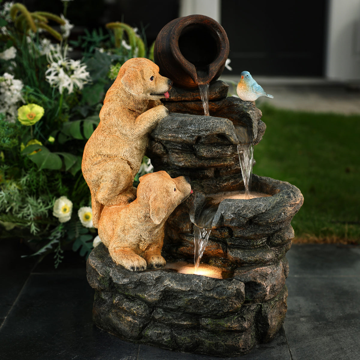 Outdoor Water Fountain, 26" Puppy and Rock Resin Water Fountains Indoor with LED Lights
