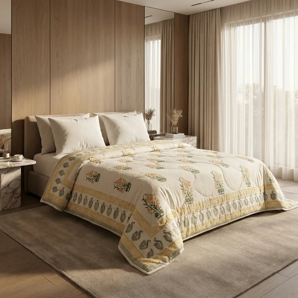 Cream and golden yellow floral comforter draped on a bed in a sunlit room with sheer curtains, illustrating natural interior