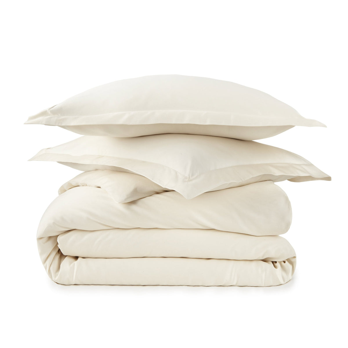 Stacked off-white organic cotton duvet cover set with smooth sateen texture on white background