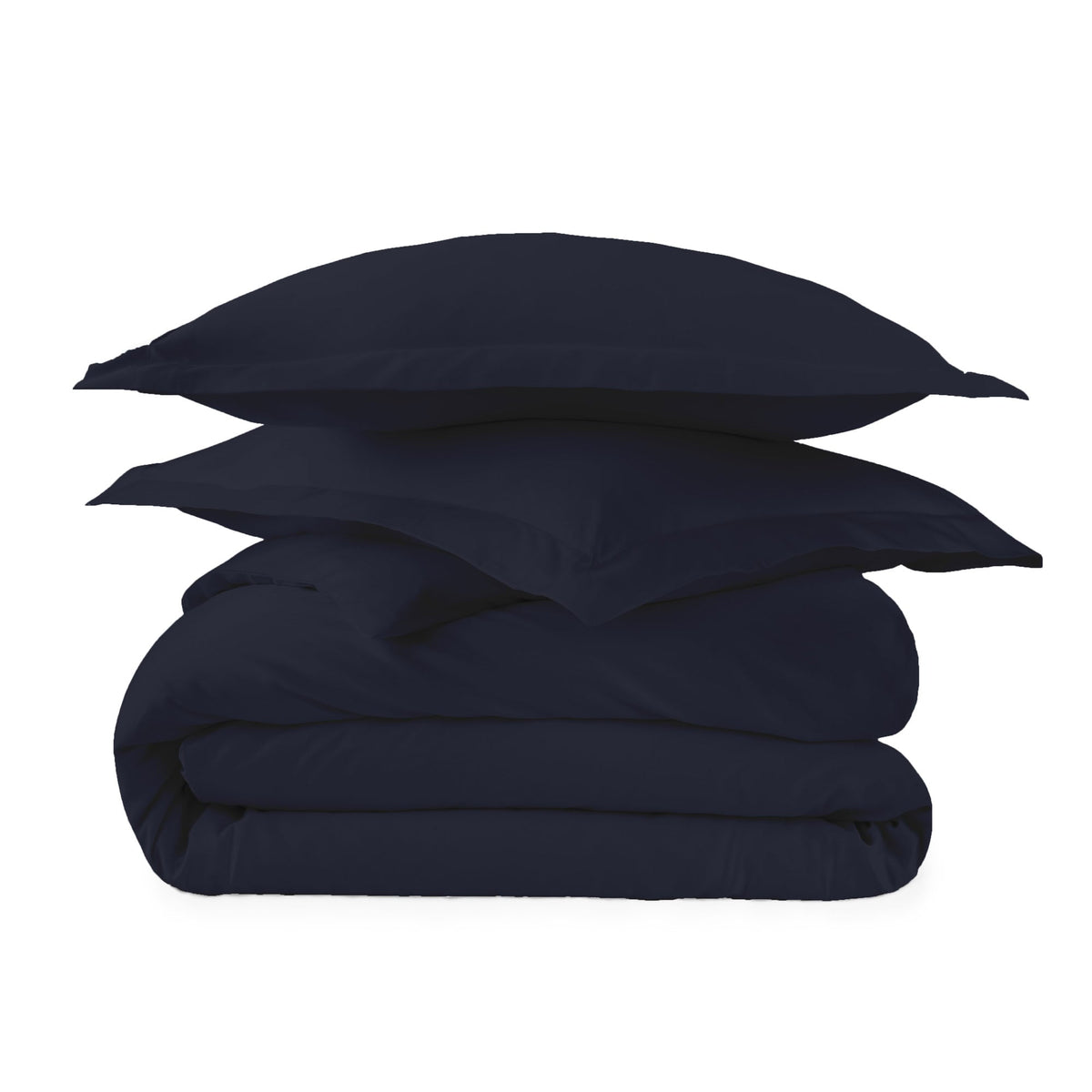 Navy blue folded duvet cover set with two shams highlighting 500 TC sateen texture