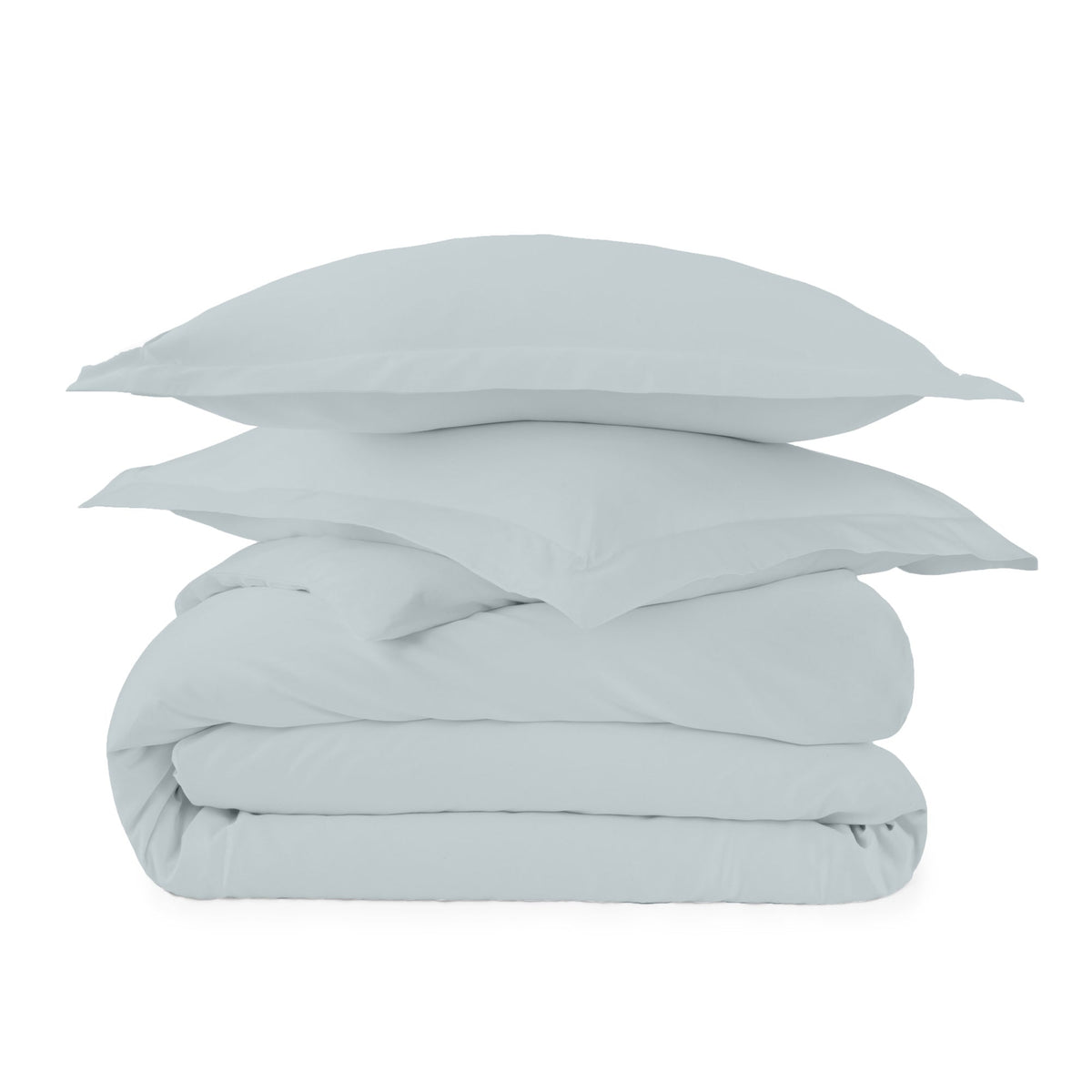 Pale light blue duvet cover set with two pillow shams stacked on white background highlighting color