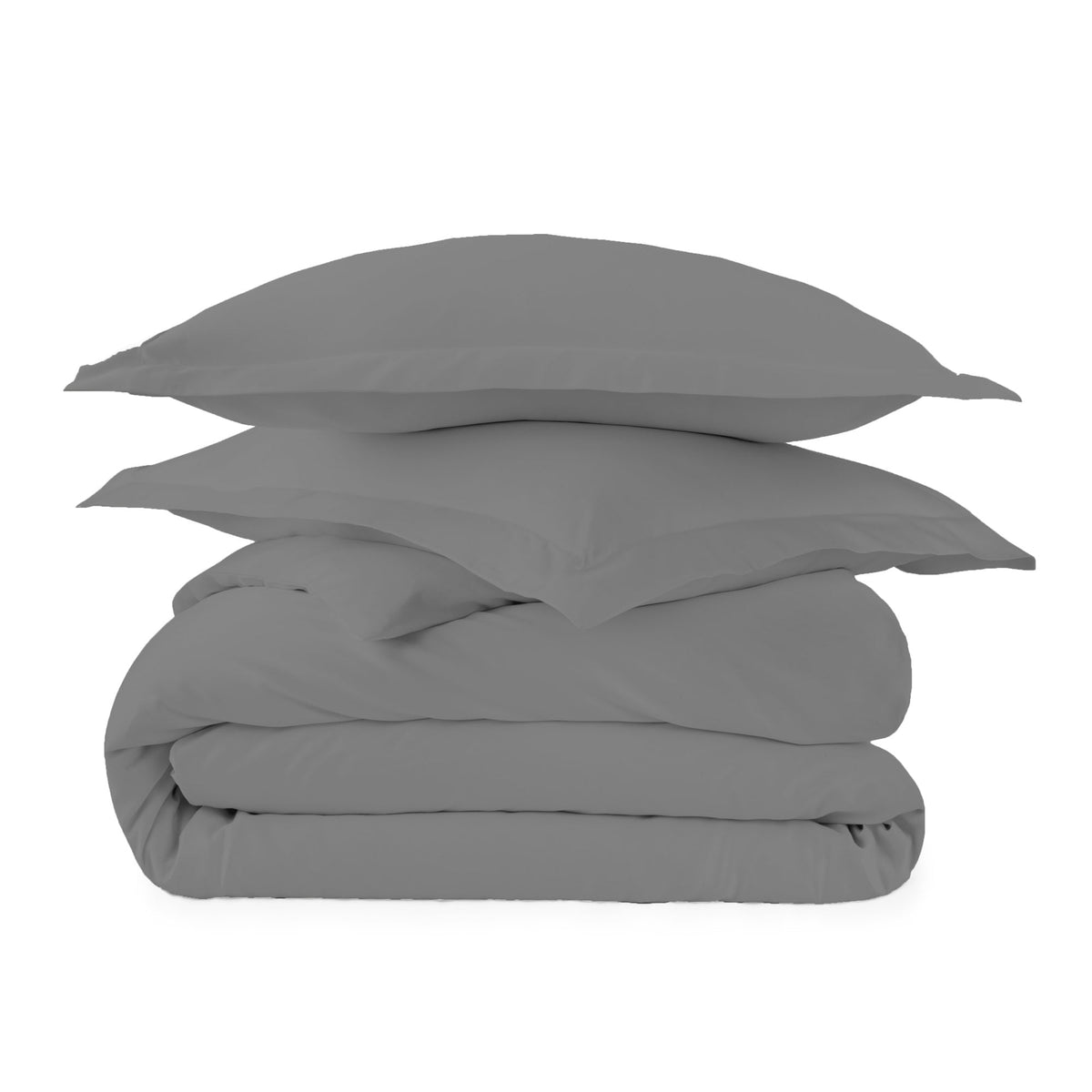 Medium grey 300 TC bedding ensemble with shams atop folded duvet isolated on white background