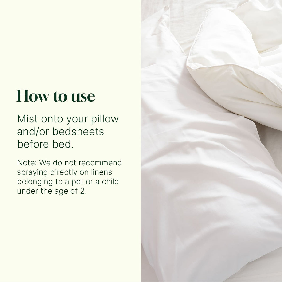Split layout showing white bed linens next to usage instructions for misting